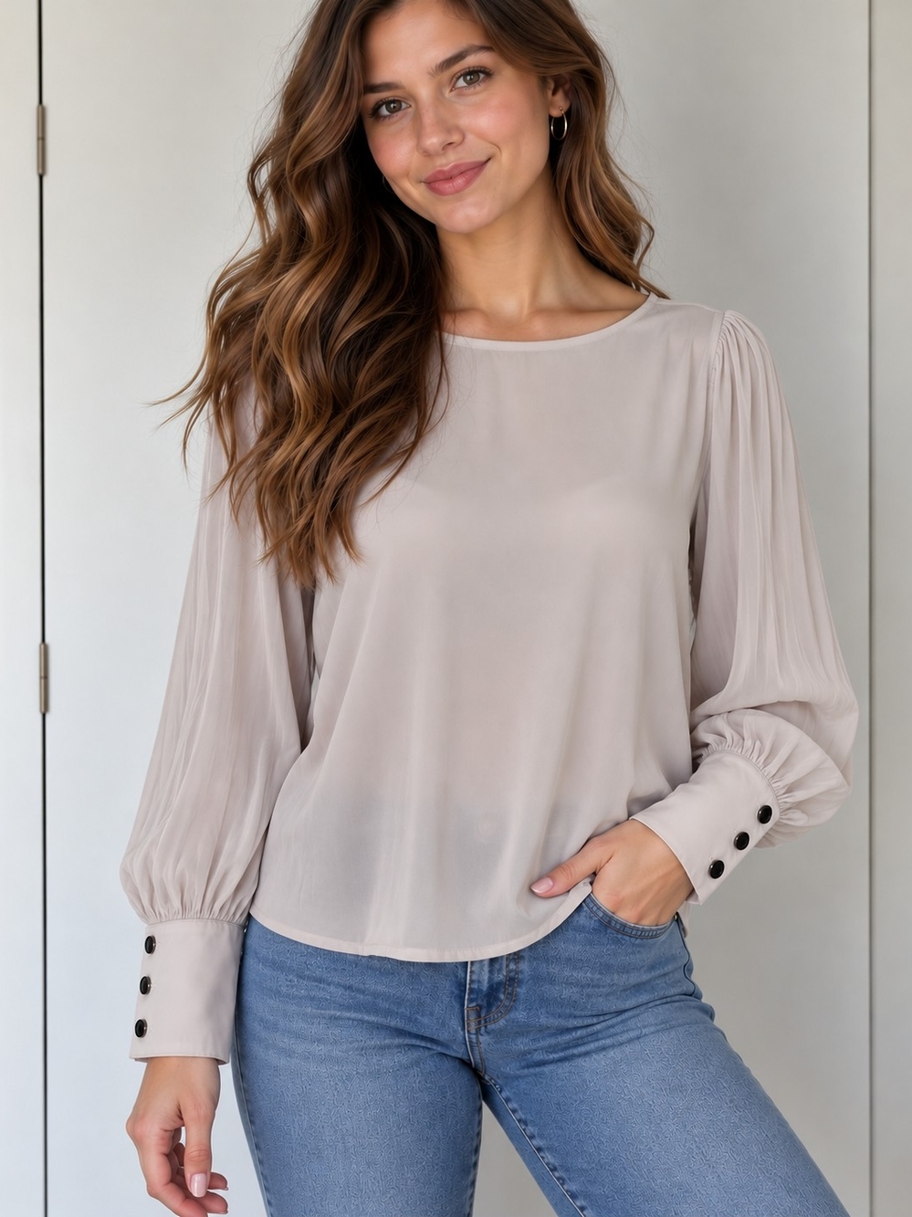 Tahari Pleated Long-Sleeve Blouse - Light Off White-Gray